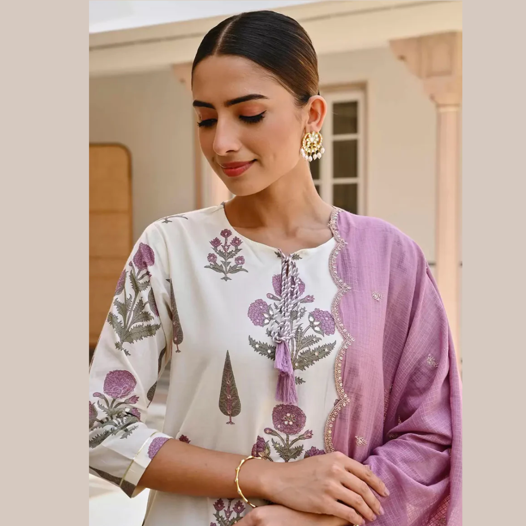 Block Printed Cotton Suit - purple- R094