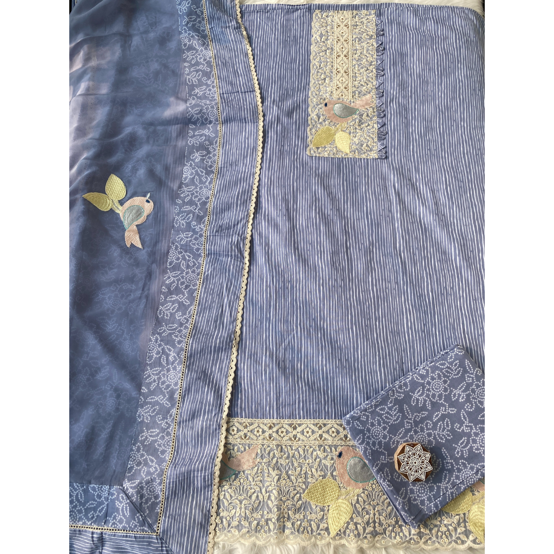 Cotton Suit with bird embroidery- D120