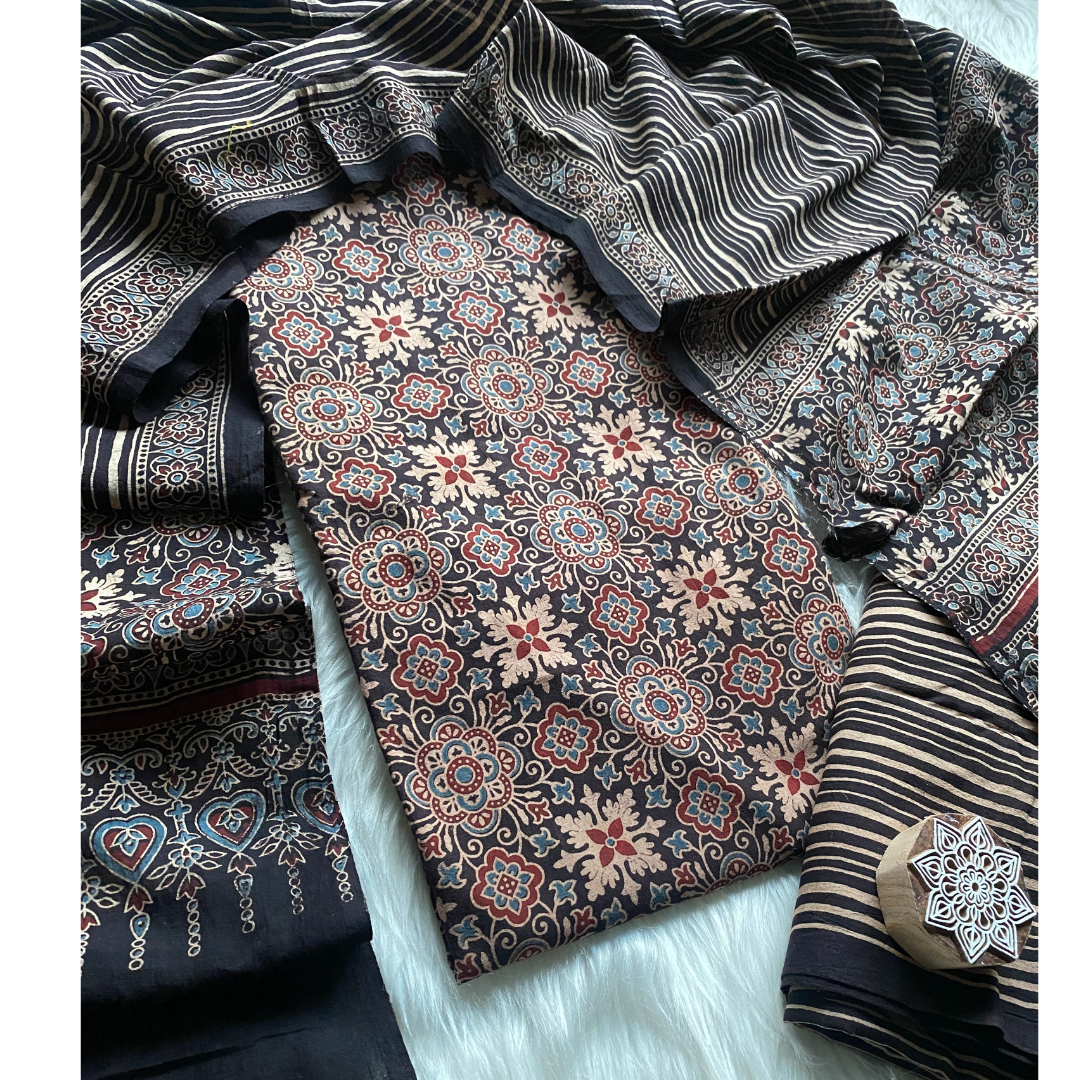 Ajrakh Block Printed Cotton Suit- D161
