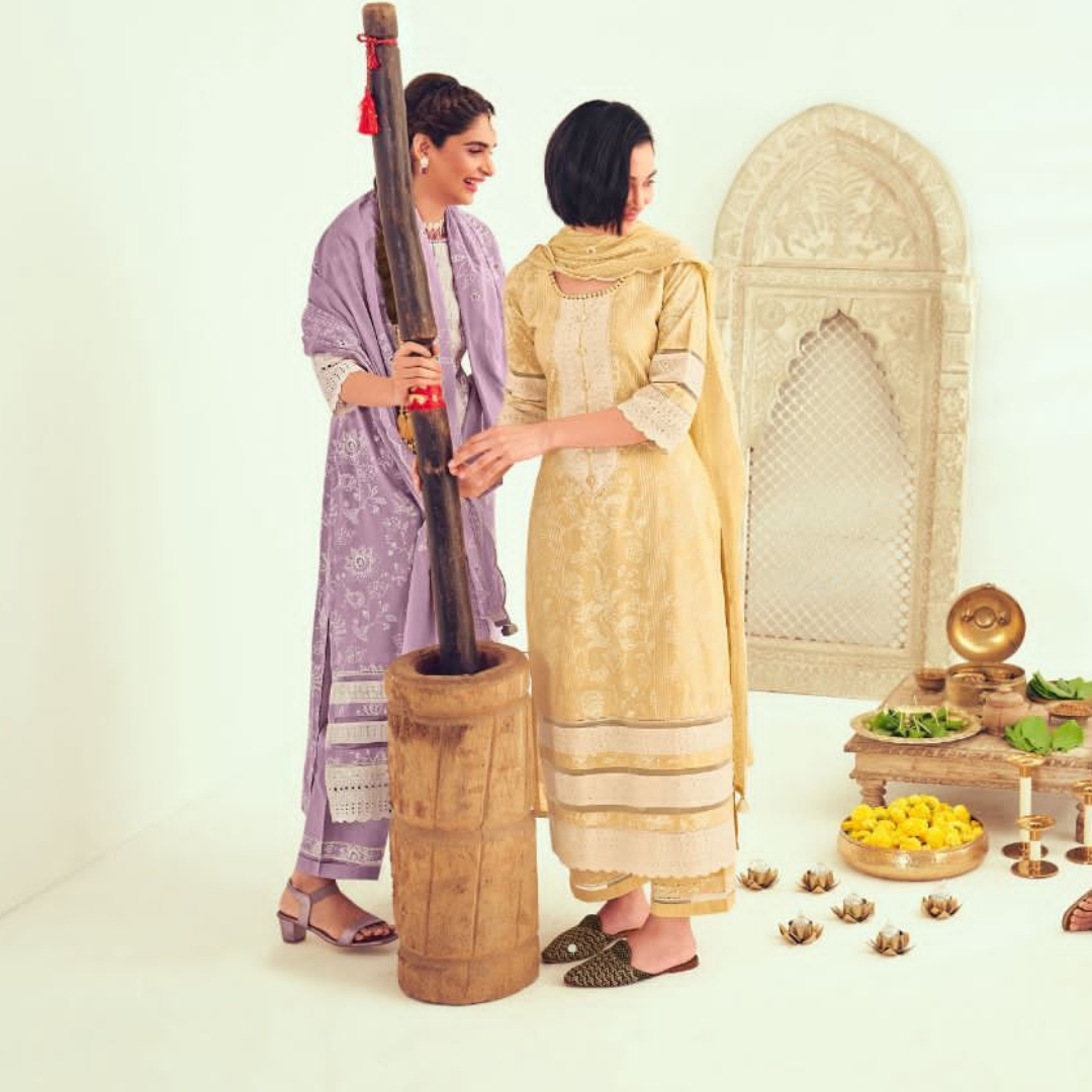 Designer Cotton Suits- Pastel Yellow- D139