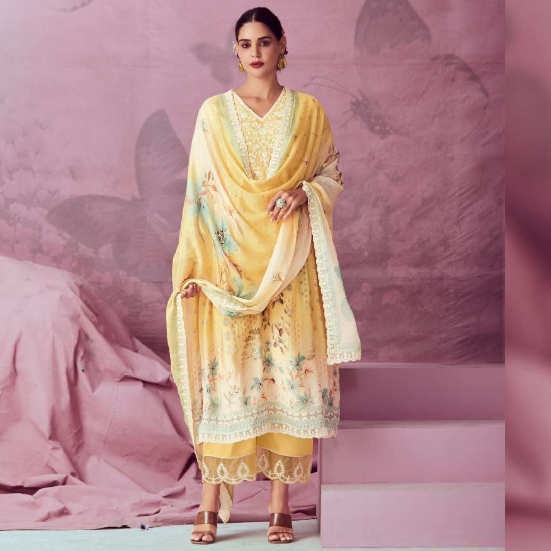 Designer Muslin Suit- Yellow- E009