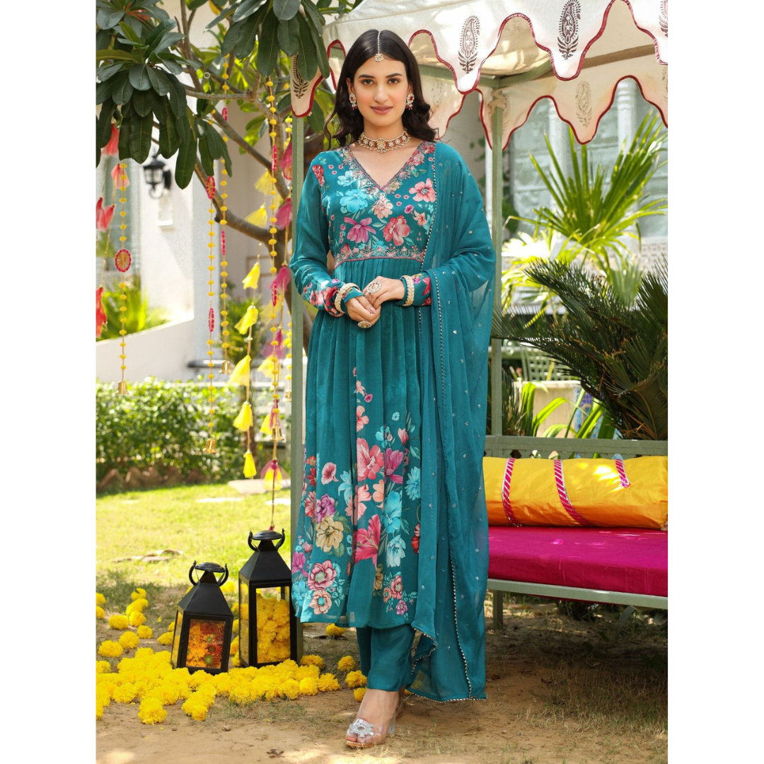 Chinon fabric nyra cut suit- teal-R057