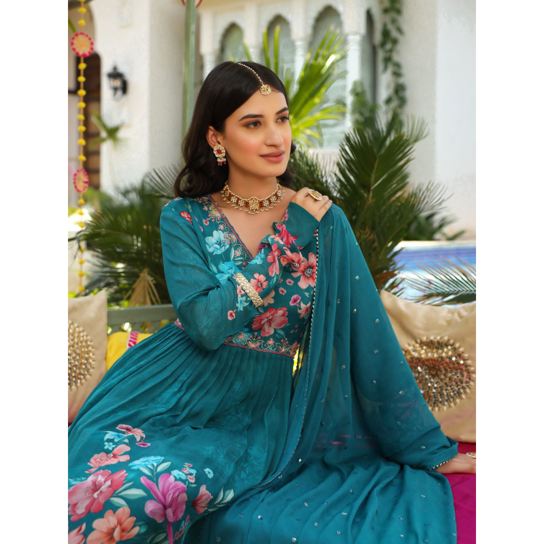Chinon fabric nyra cut suit- teal-R057