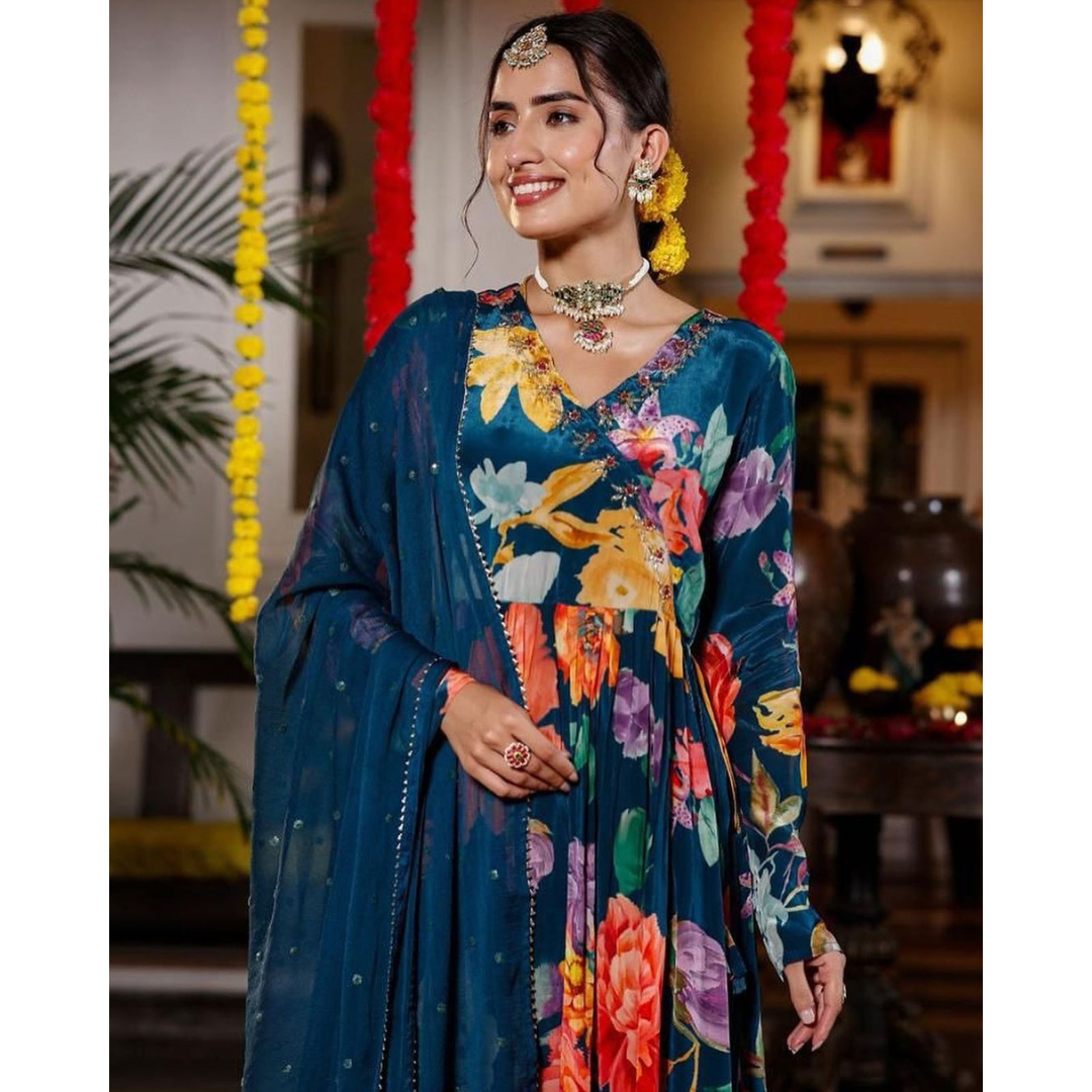 Angrakha nyra cut crepe suit-blue- R025B