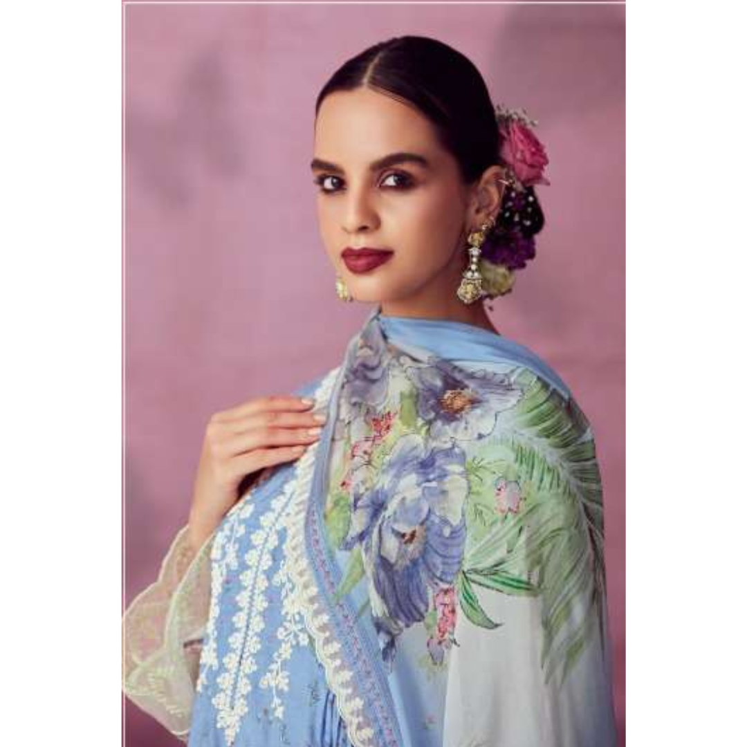 Designer Muslin Suit - Patel Blue- E005