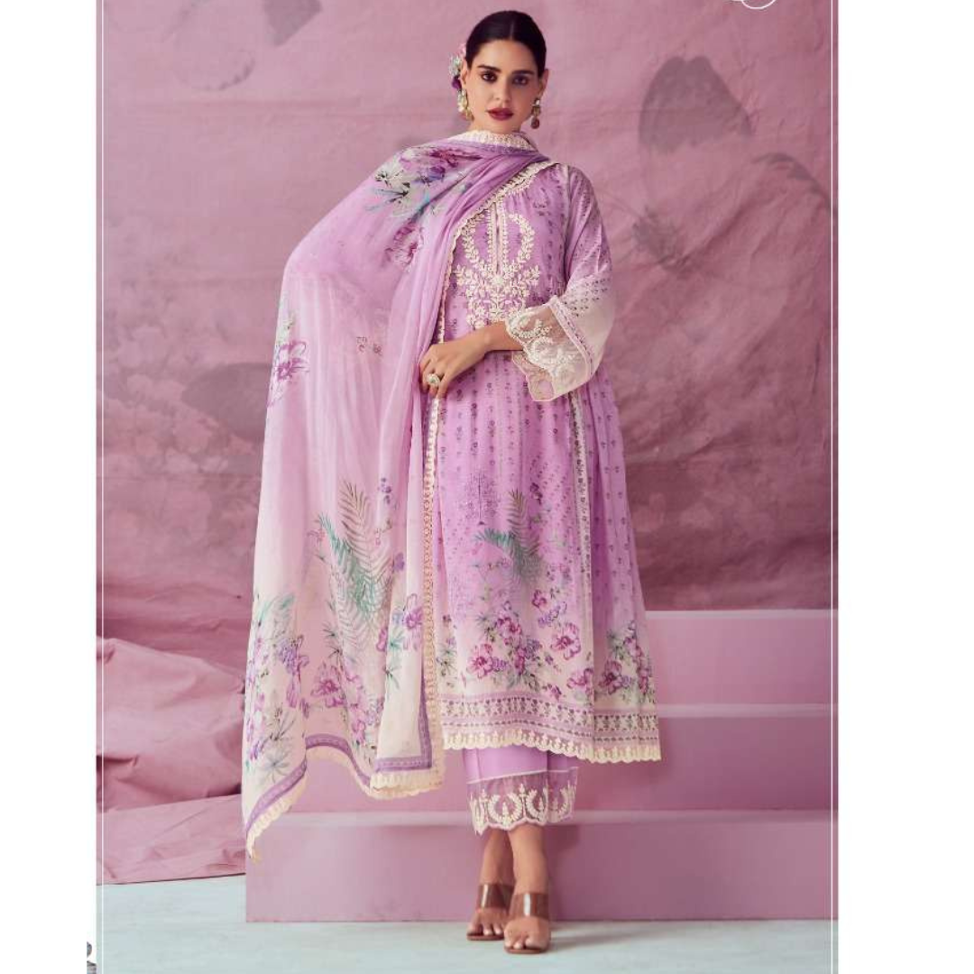 Designer Muslin Suit- Lilac- E010