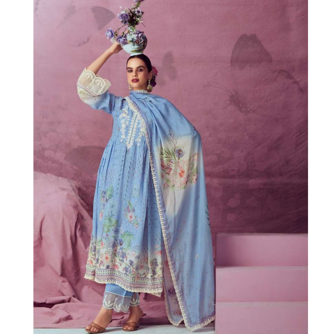 Designer Muslin Suit - Patel Blue- E005