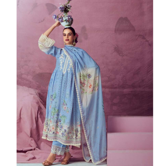 Designer Muslin Suit - Patel Blue- E005