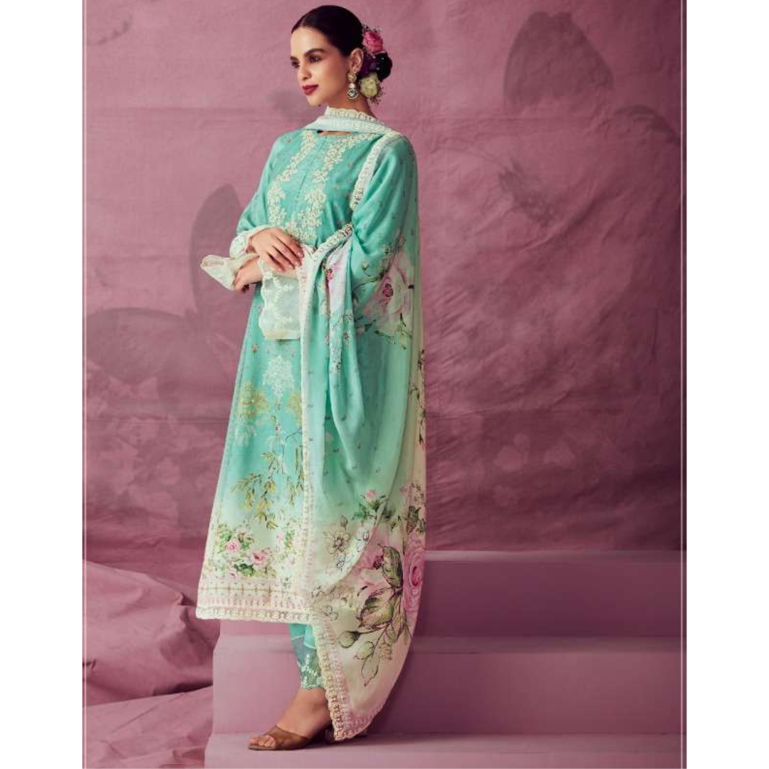 Designer Muslin Suit- Green- E008