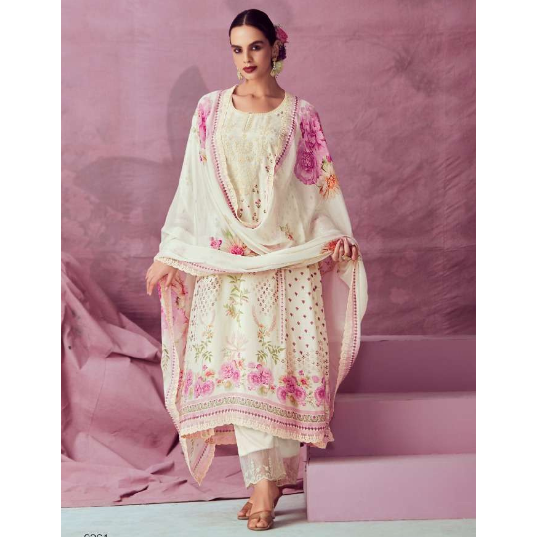 Designer Muslin Suit - Off White- E006