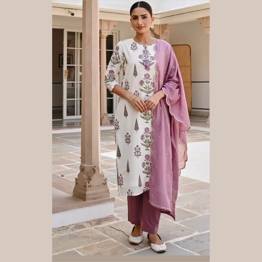 Block Printed Cotton Suit - purple- R094