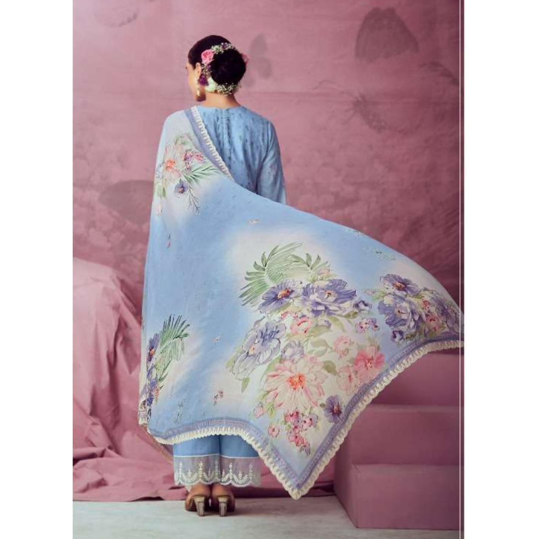 Designer Muslin Suit - Patel Blue- E005