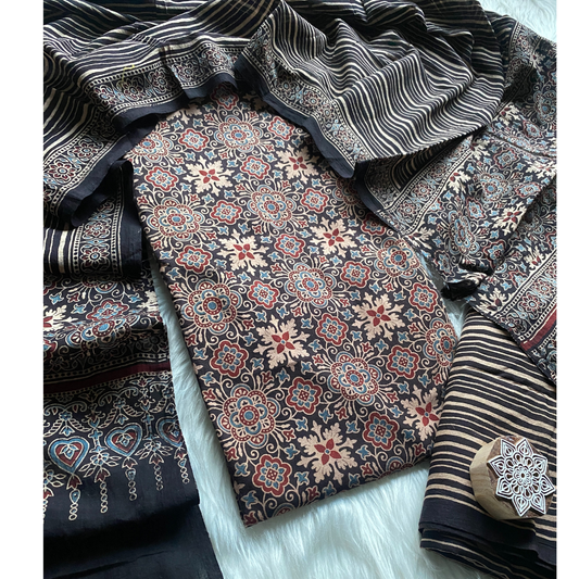 Ajrakh Block Printed Cotton Suit- D161