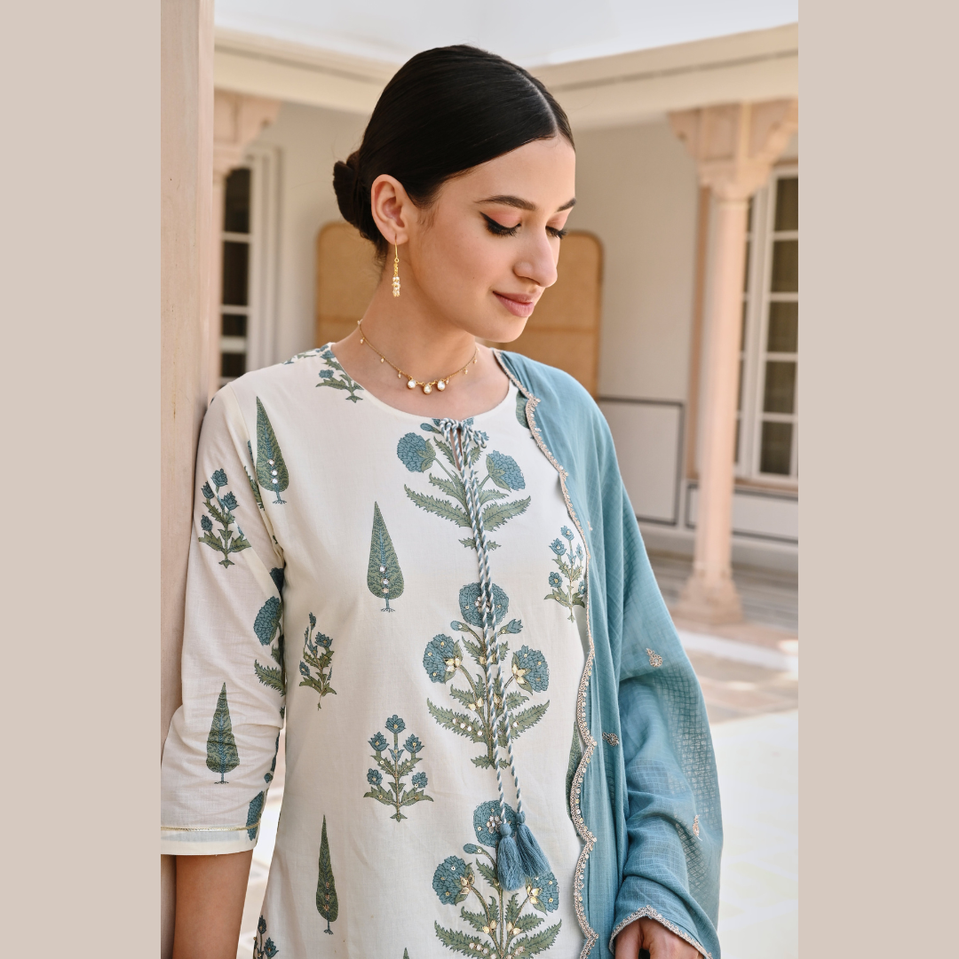 Block Printed Cotton Suit- Teal- R093