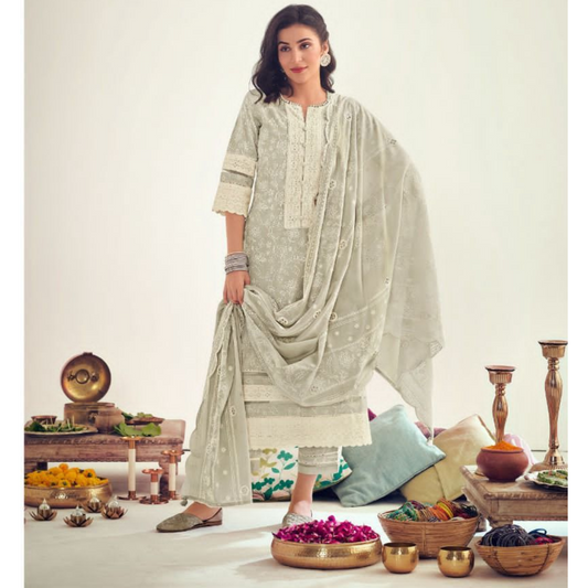Designer Cotton Suits- Pastel Grey- D140
