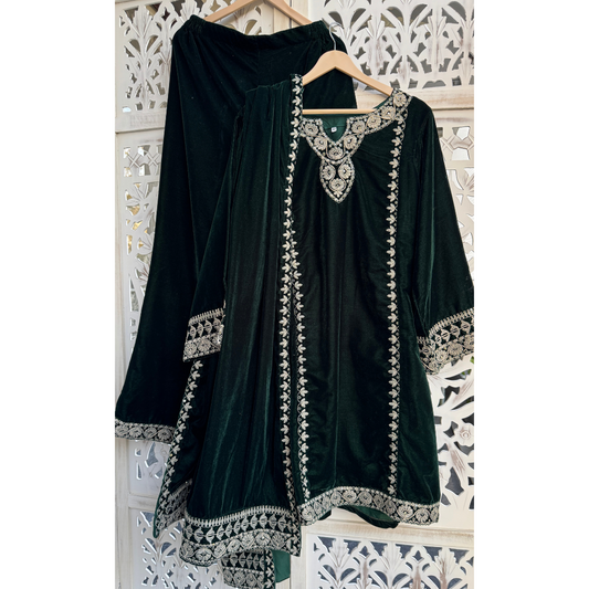 Pakistani Velvet suit- BOTTLE GREEN- R108