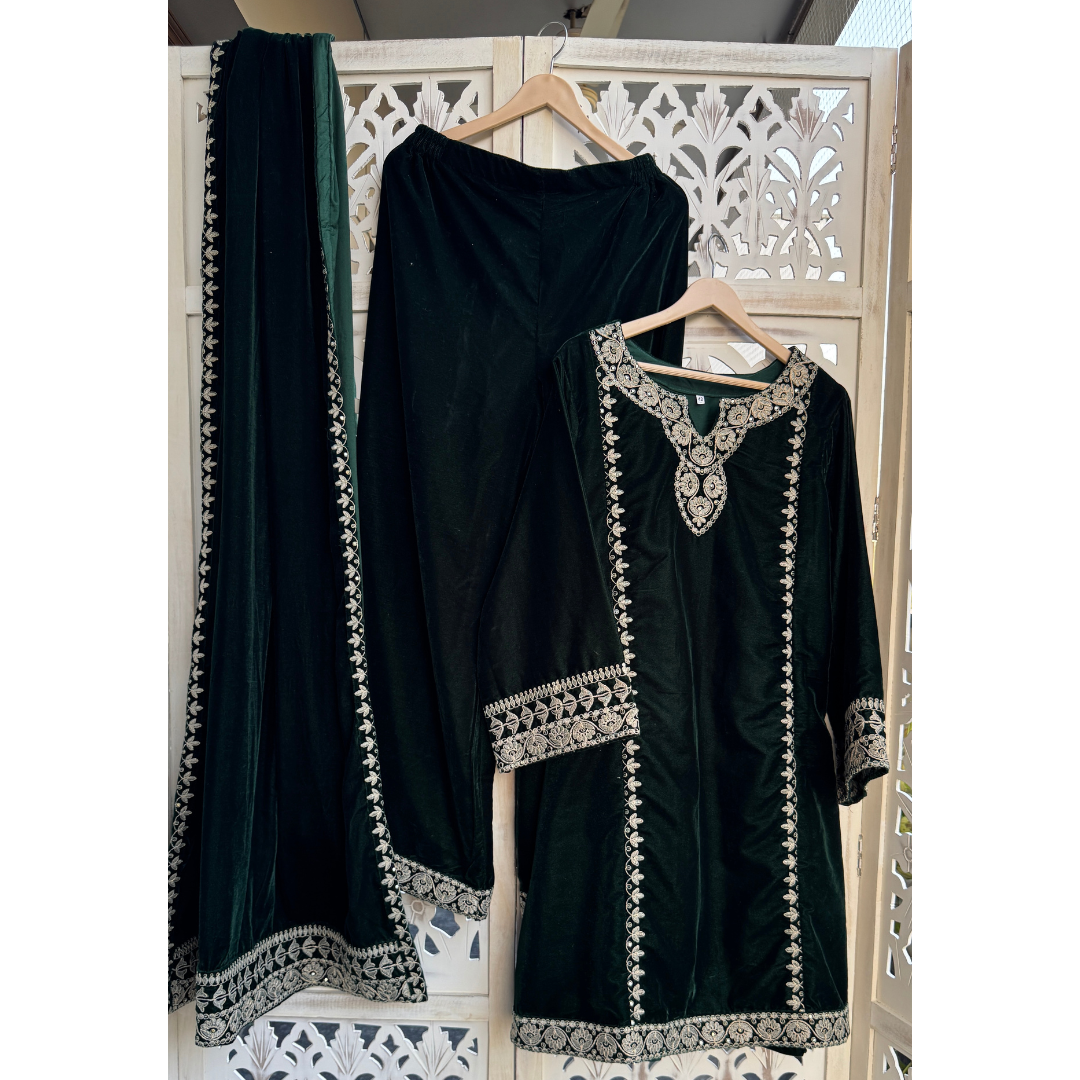 Pakistani Velvet suit- BOTTLE GREEN- R108